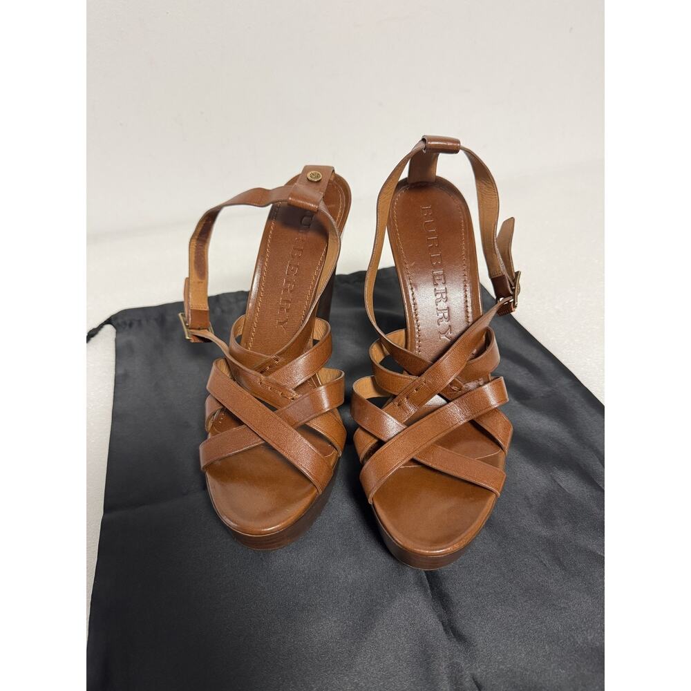 Burberry Platform Wedge Sandals Womens Size 39 Brown Leather Strappy Shoes Italy